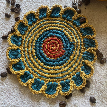 Crochet Flower Coasters – Set of 4, Embroidered Cotton Cup Mats, Boho Table Decor