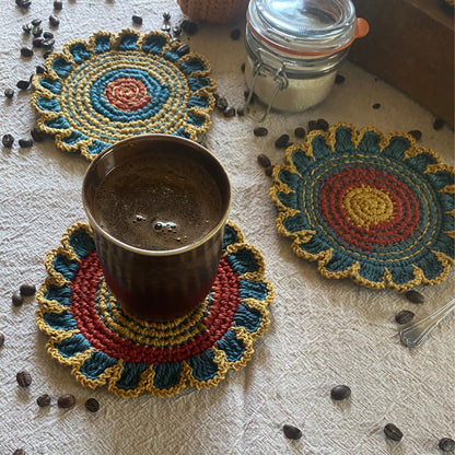 Cotton crochet coaster on coffee table – boho table decor