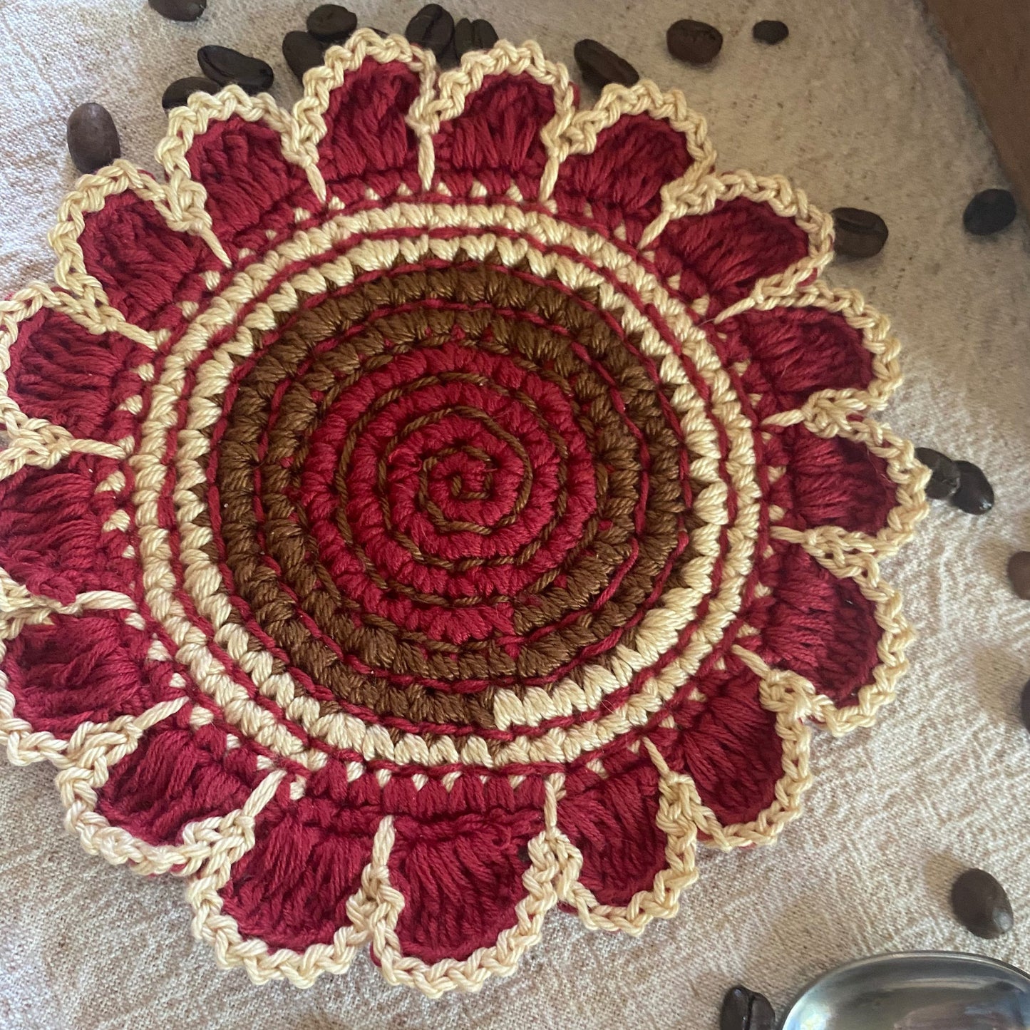 Hand-Embroidered Floral Crochet Coasters - Burgundy Brown Cream Cotton Set