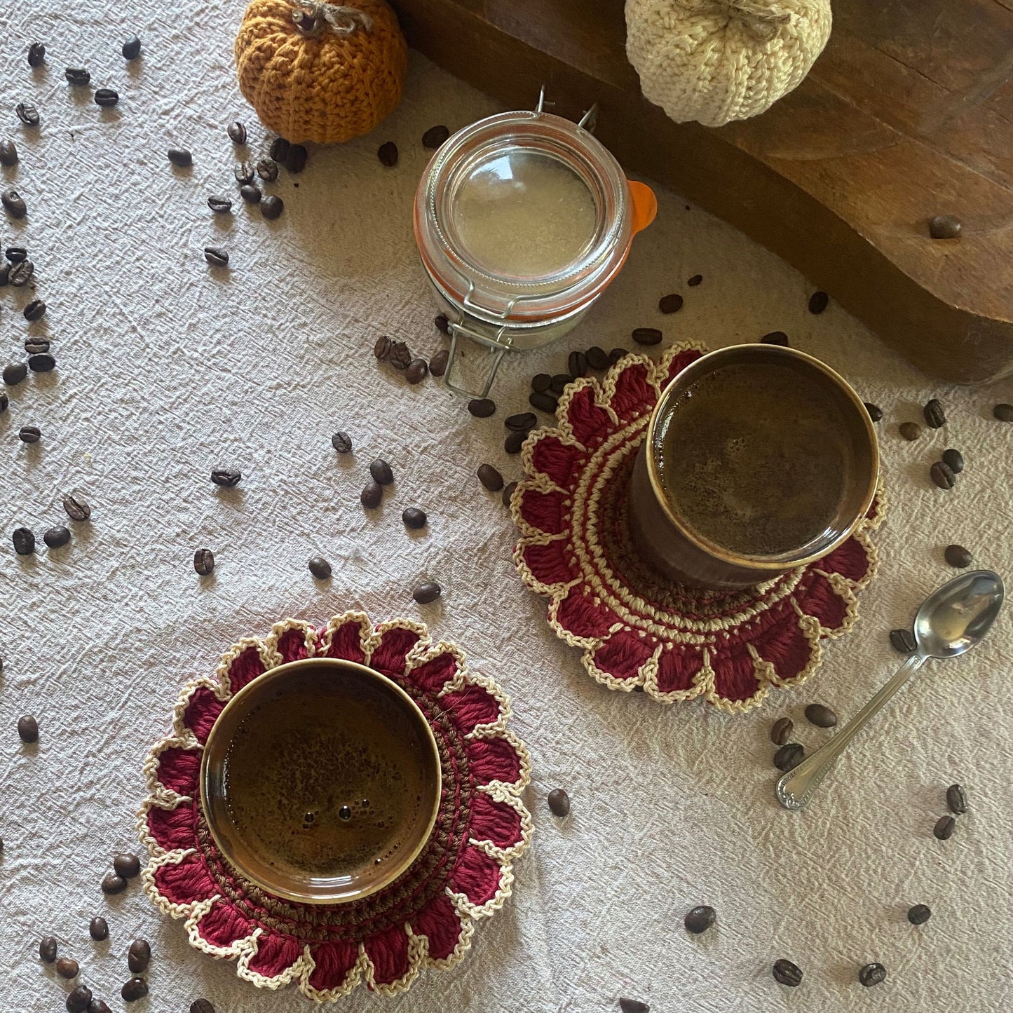Hand-Embroidered Floral Crochet Coasters - Burgundy Brown Cream Cotton Set