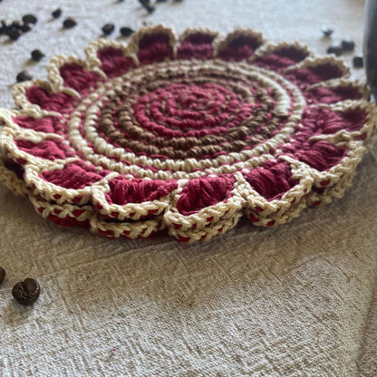 Crochet flower coaster with scalloped petal edge — cotton