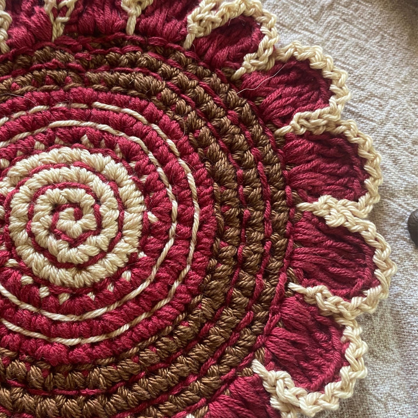 Hand-Embroidered Floral Crochet Coasters - Burgundy Brown Cream Cotton Set