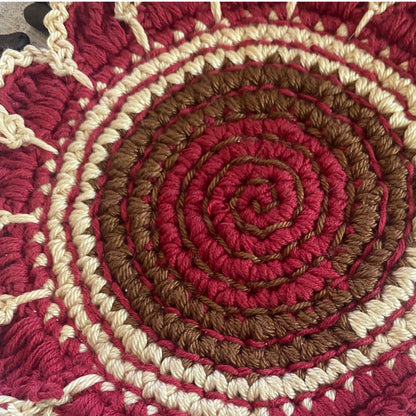 Hand-Embroidered Floral Crochet Coasters - Burgundy Brown Cream Cotton Set