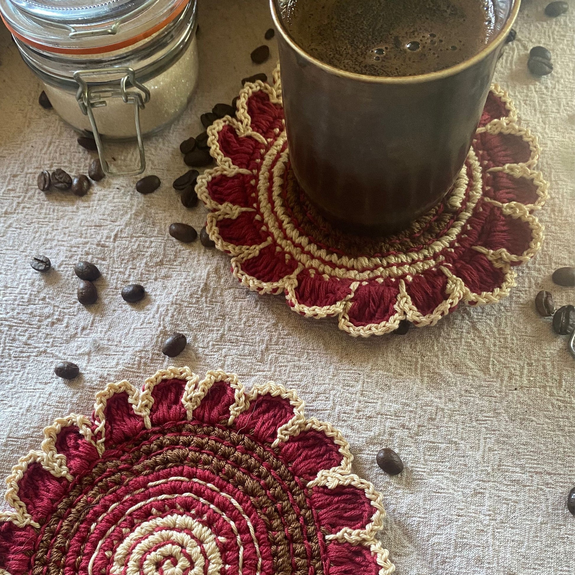 Detail of Hand-Embroidered Floral Crochet Coaster