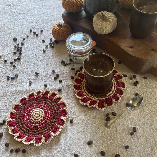 Hand-Embroidered Floral Crochet Coasters - Set of two