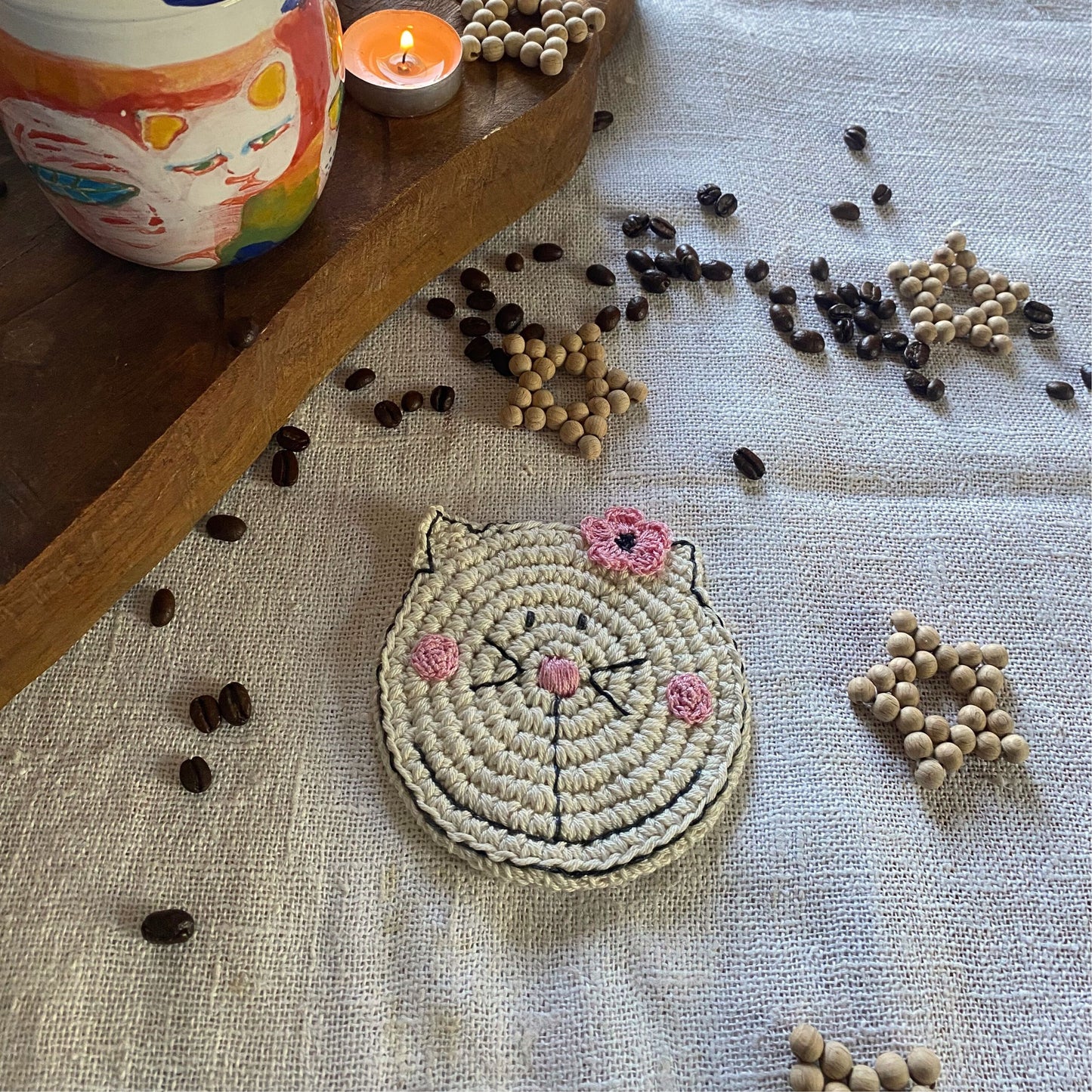 Cat Christmas Gift Box - Crochet Cat Coaster and Bookmark - Christmas Ornament Star