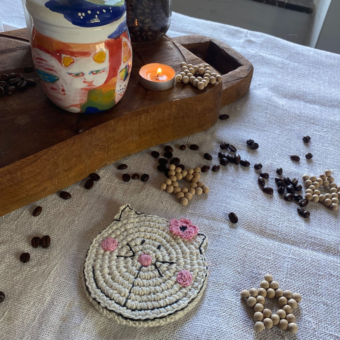 Cat Christmas Gift Box - Crochet Cat Coaster and Bookmark - Christmas Ornament Star