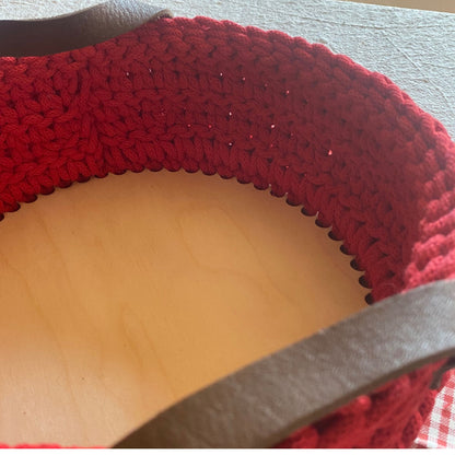 Crochet basket with solid plywood base, bottom view
