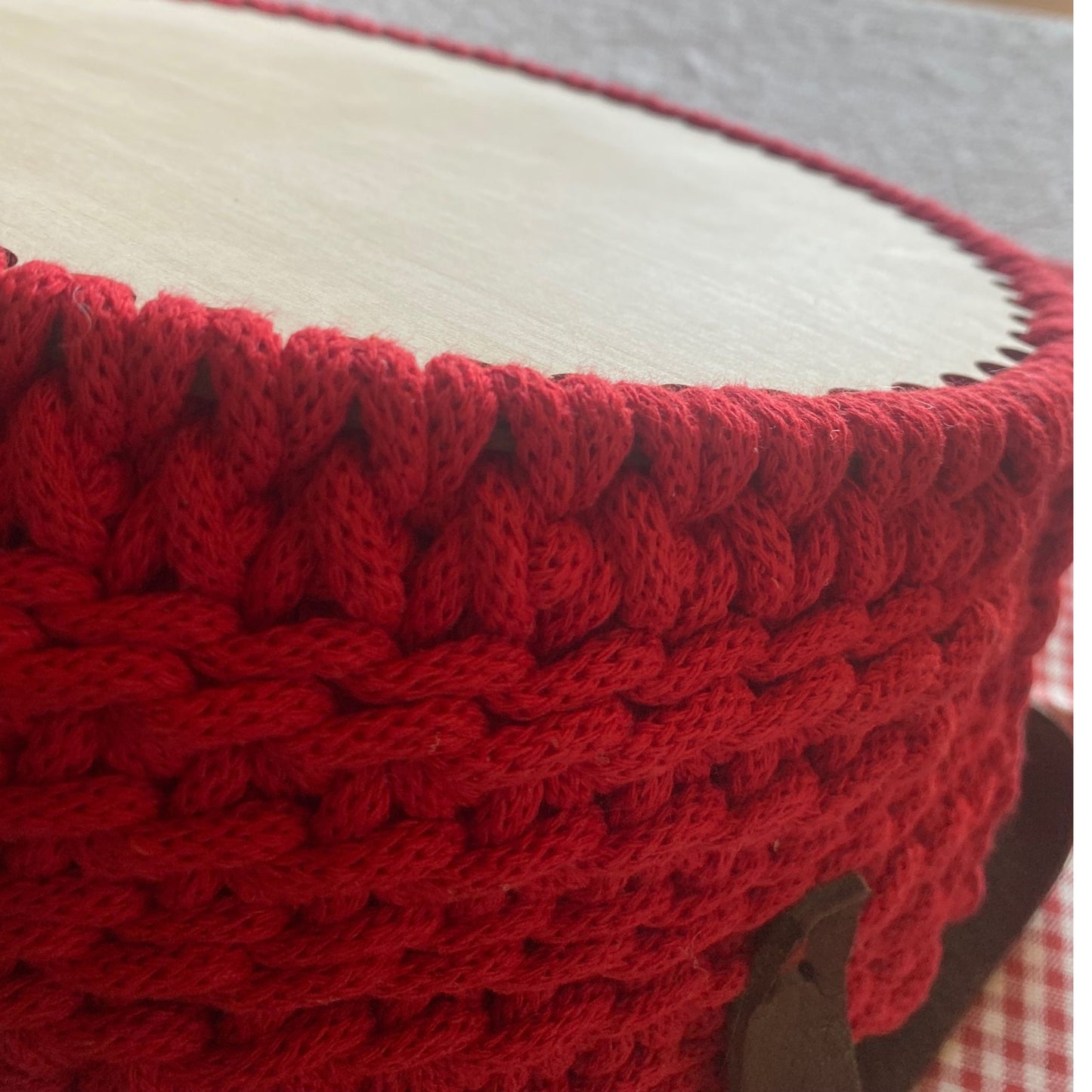 Red Crochet Basket with Leather Handles - Recycled Cotton Storage