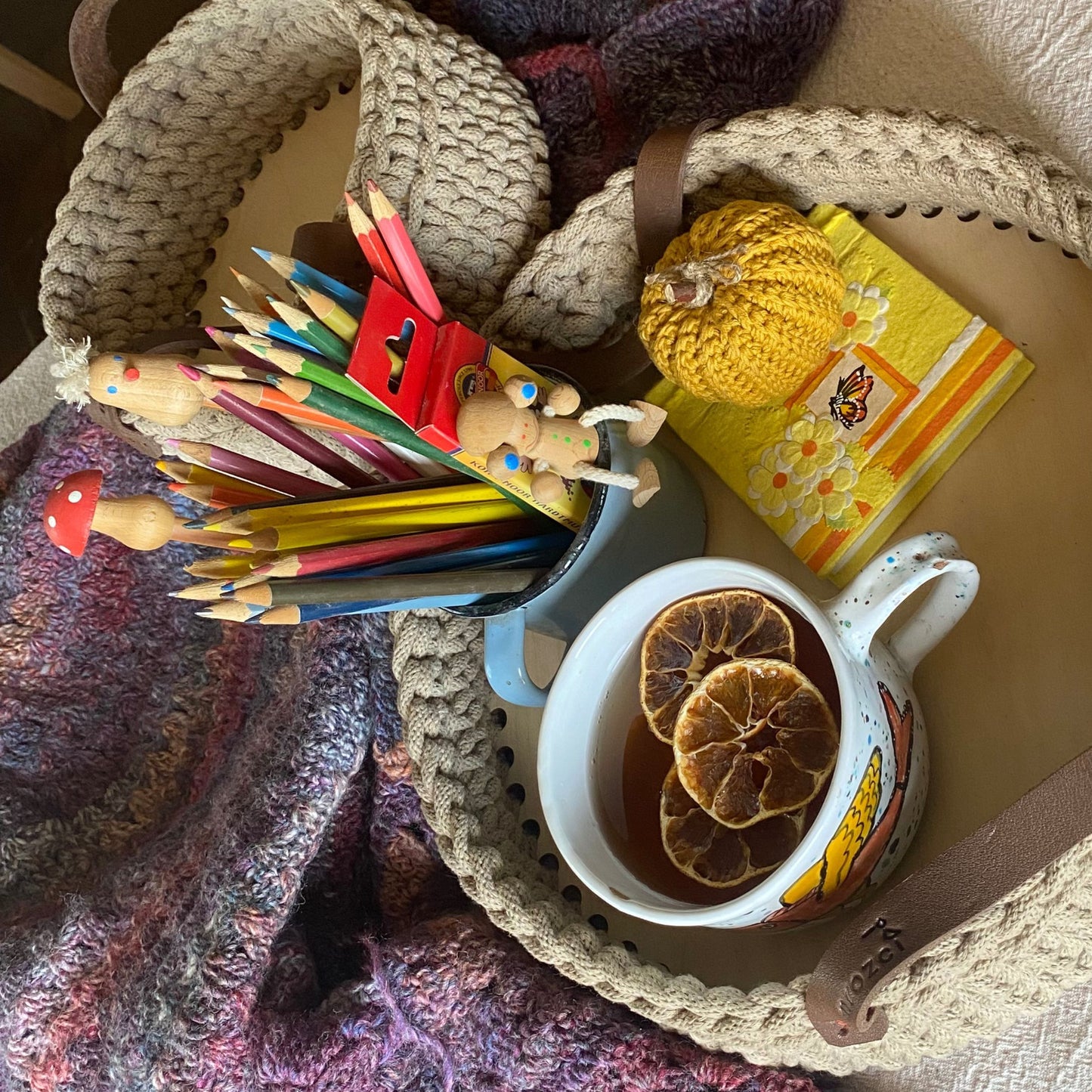 Crochet Basket with Leather Handles -  Sand Beige Storage Tray