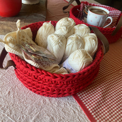 Red Crochet Basket with Leather Handles - Recycled Cotton Storage