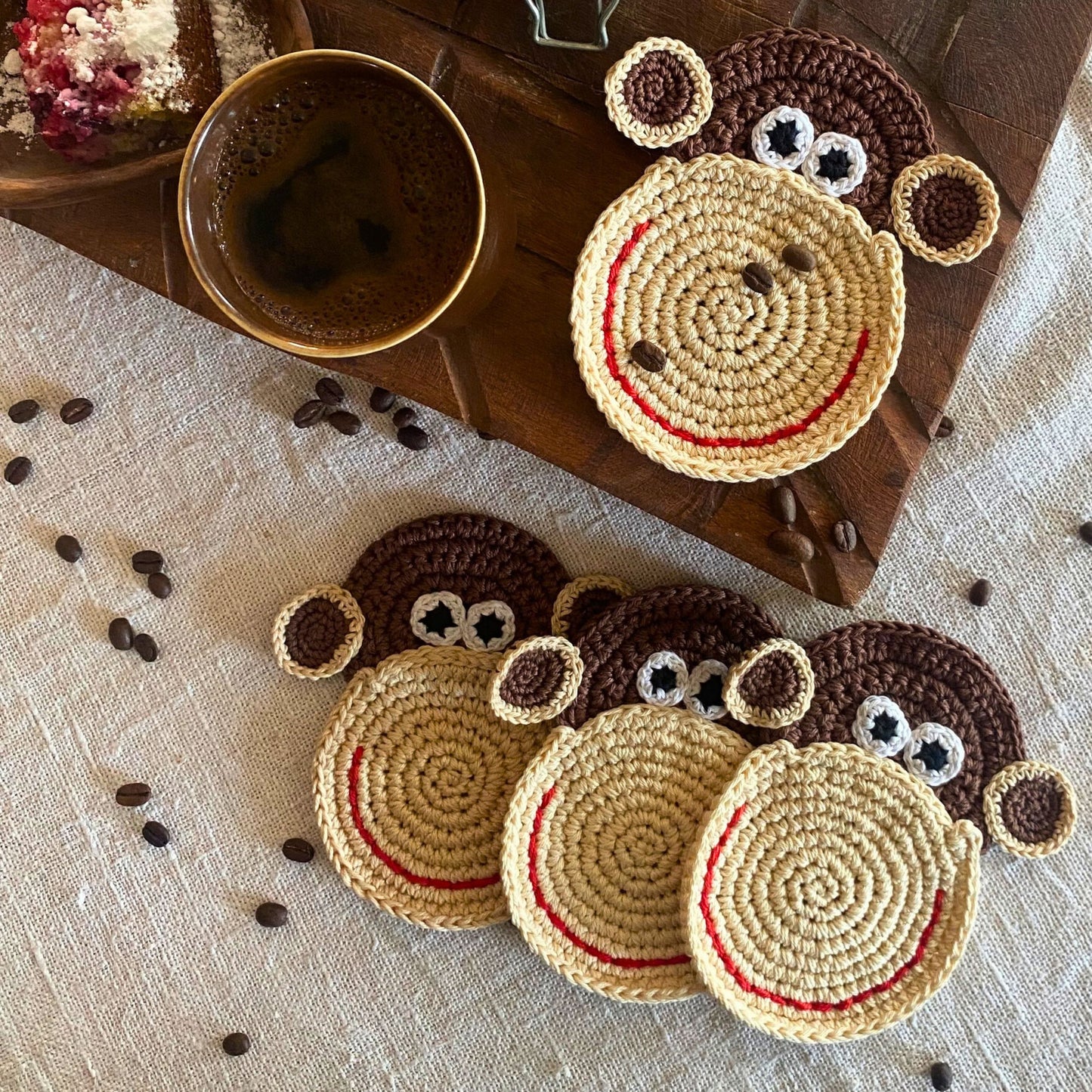 Handmade Crochet Monkey Coasters (Set)