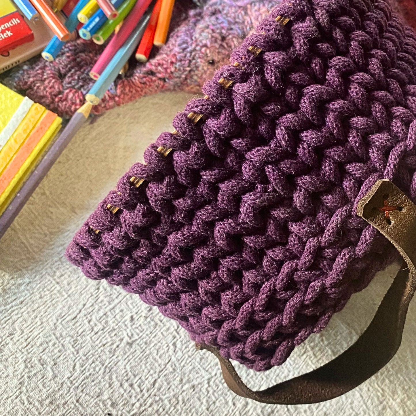 Purple Crochet Basket with Leather Handles – Handmade Cotton Organizer