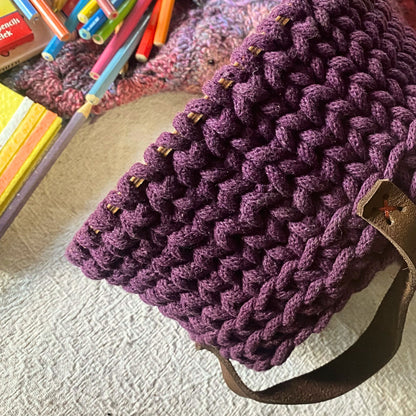Purple Crochet Basket with Leather Handles – Handmade Cotton Organizer