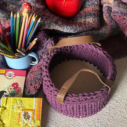 Crochet basket with solid plywood base, bottom view