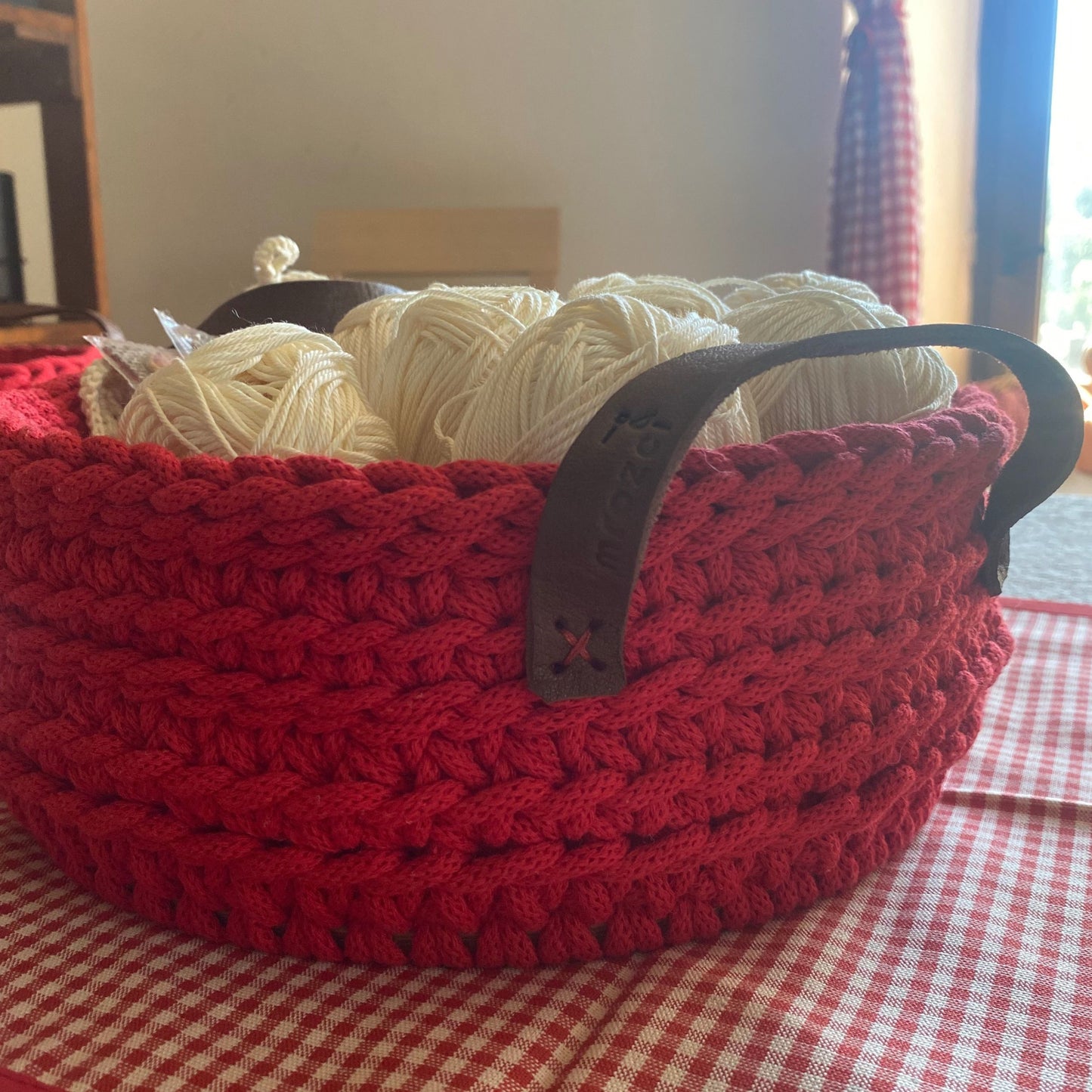 Red Crochet Basket with Leather Handles - Recycled Cotton Storage