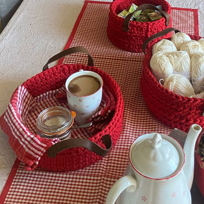 Red Crochet Basket with Leather Handles - Crochet Serving Tray