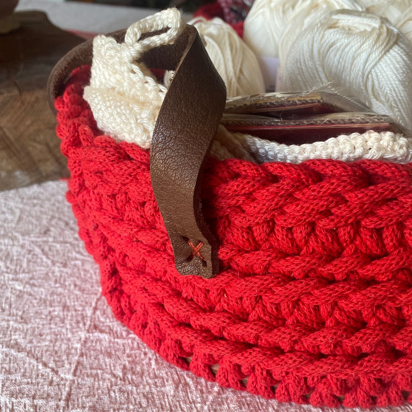Red Crochet Basket with Leather Handles - Recycled Cotton Storage