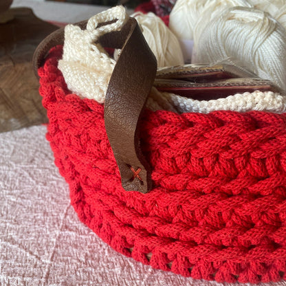 Red Crochet Basket with Leather Handles - Recycled Cotton Storage