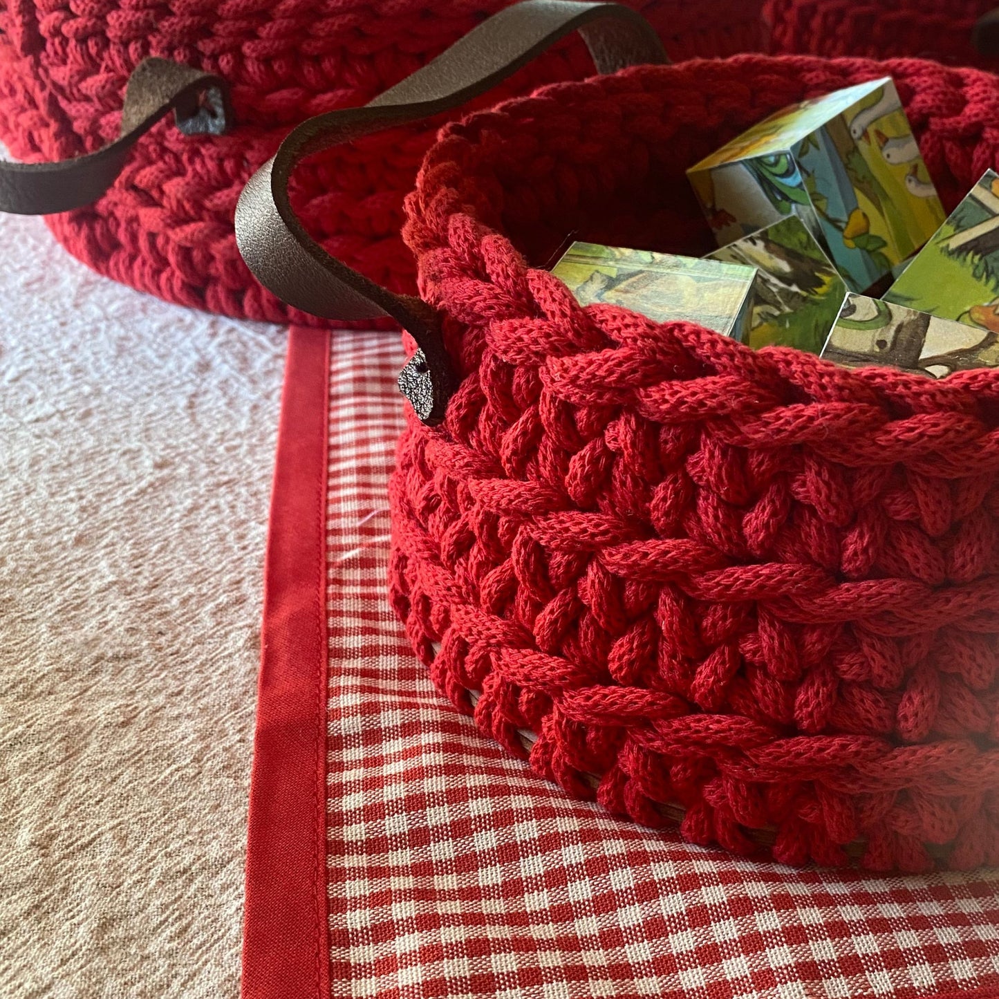 Eco-friendly recycled cotton cord basket with wooden blocks inside