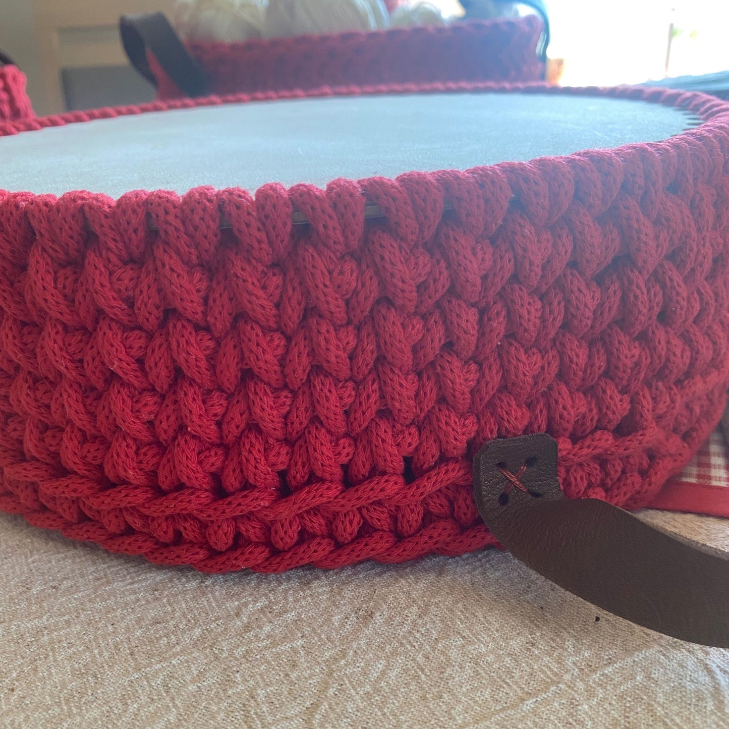 Red Crochet Basket with Leather Handles - Crochet Serving Tray