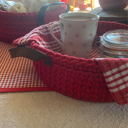 Red Crochet Basket with Leather Handles - Crochet Serving Tray