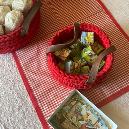 Red Crochet Basket with Leather Handles - Handmade Storage Bin