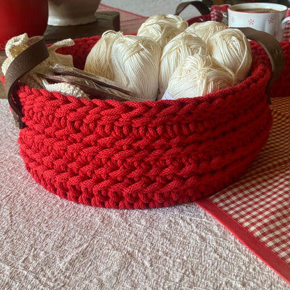 Red Crochet Basket with Leather Handles - Recycled Cotton Storage