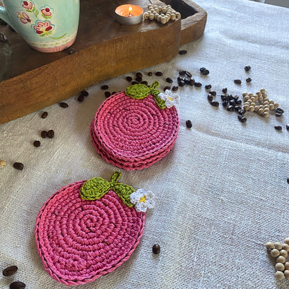 Pink Strawberry Crochet Coasters - Set of 4