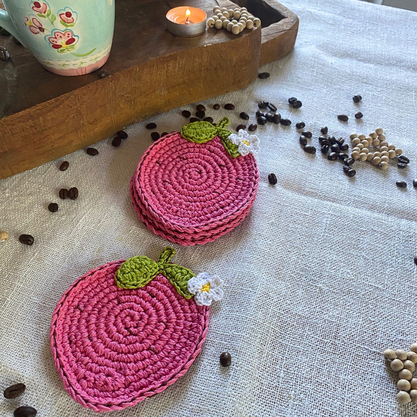 Pink Strawberry Crochet Coasters - Set of 4