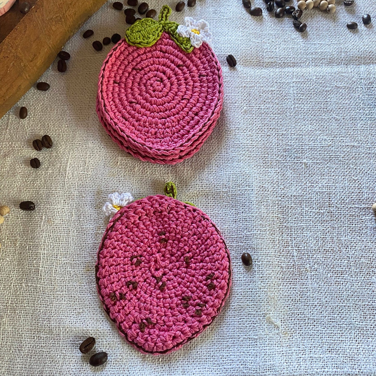 Pink Strawberry Crochet Coasters - Set of 4