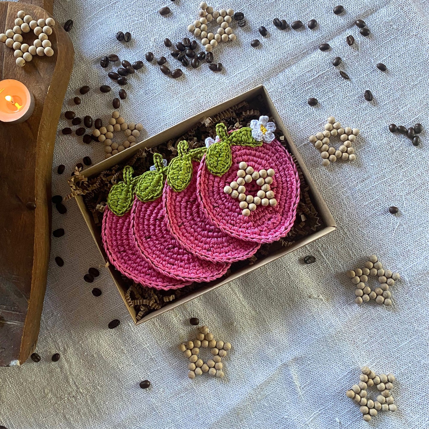 Pink Strawberry Crochet Coasters - Set of 4