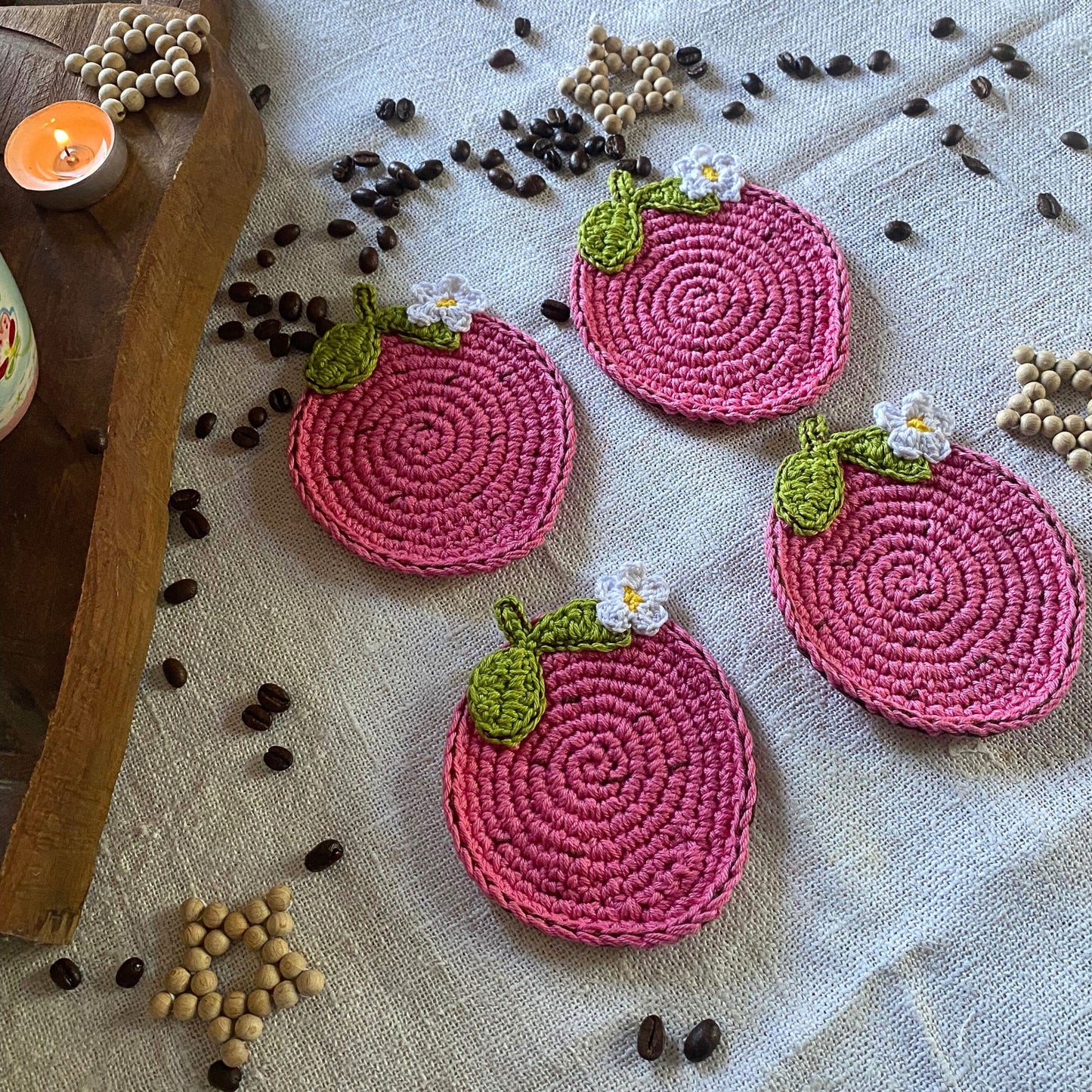 Pink Strawberry Crochet Coasters - Set of 4