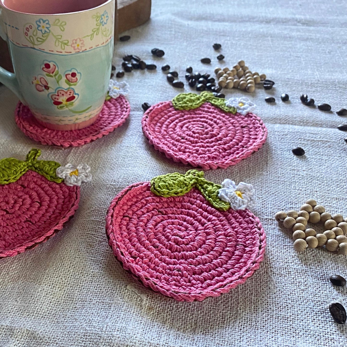 Pink Strawberry Crochet Coasters - Set of 4