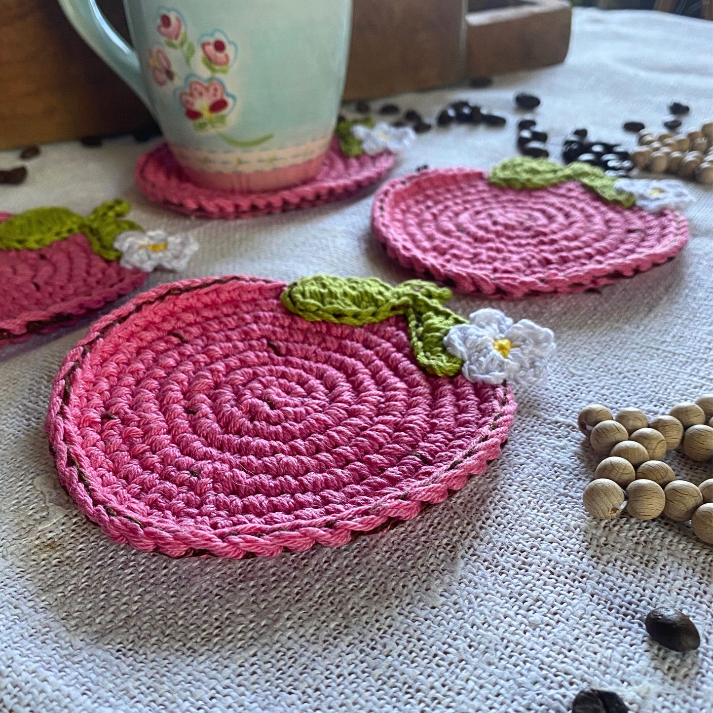 Pink Strawberry Crochet Coasters - Set of 4