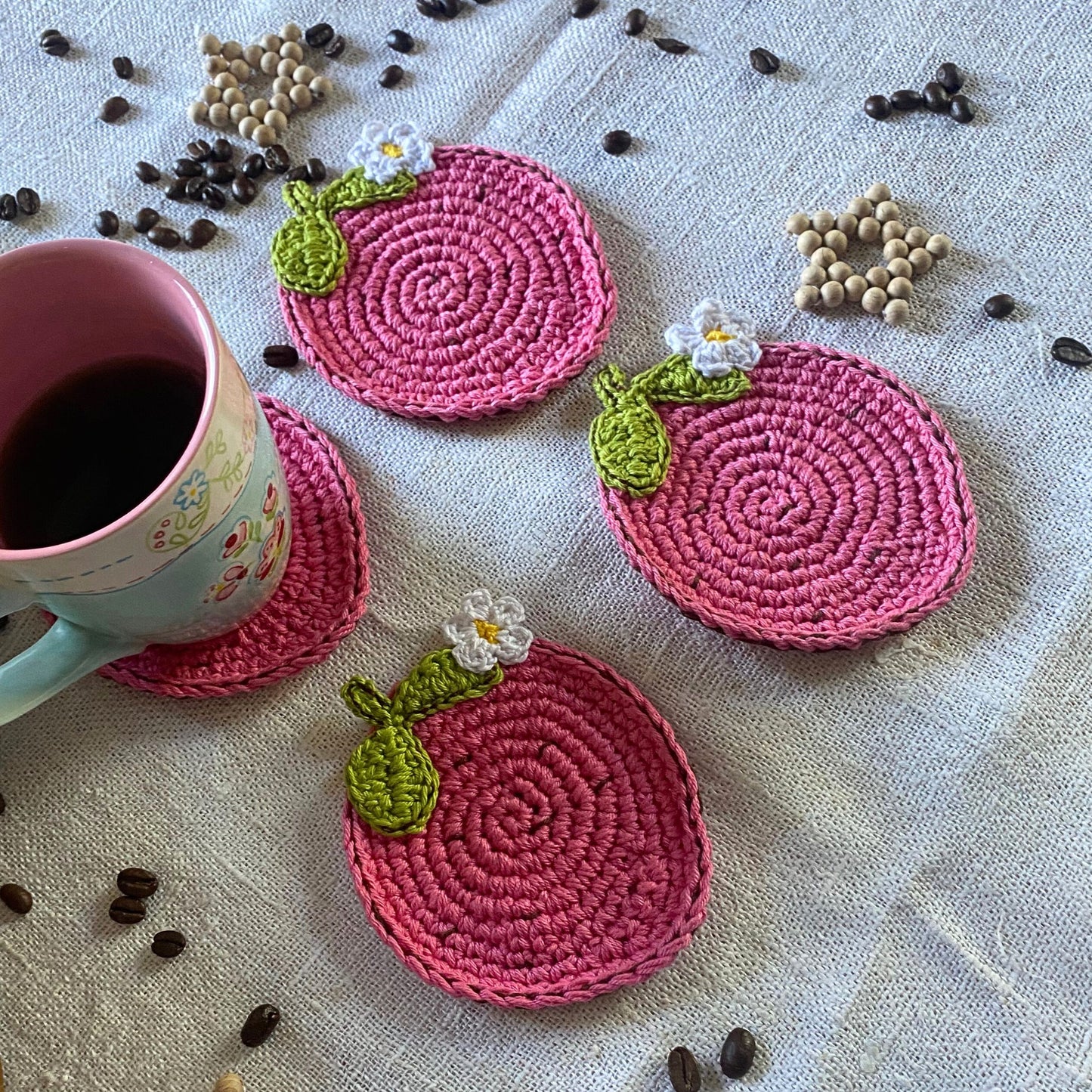 Pink Strawberry Crochet Coasters - Set of 4