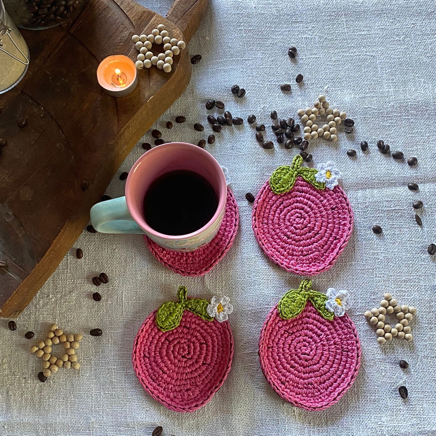 Pink Strawberry Crochet Coasters - Set of 4