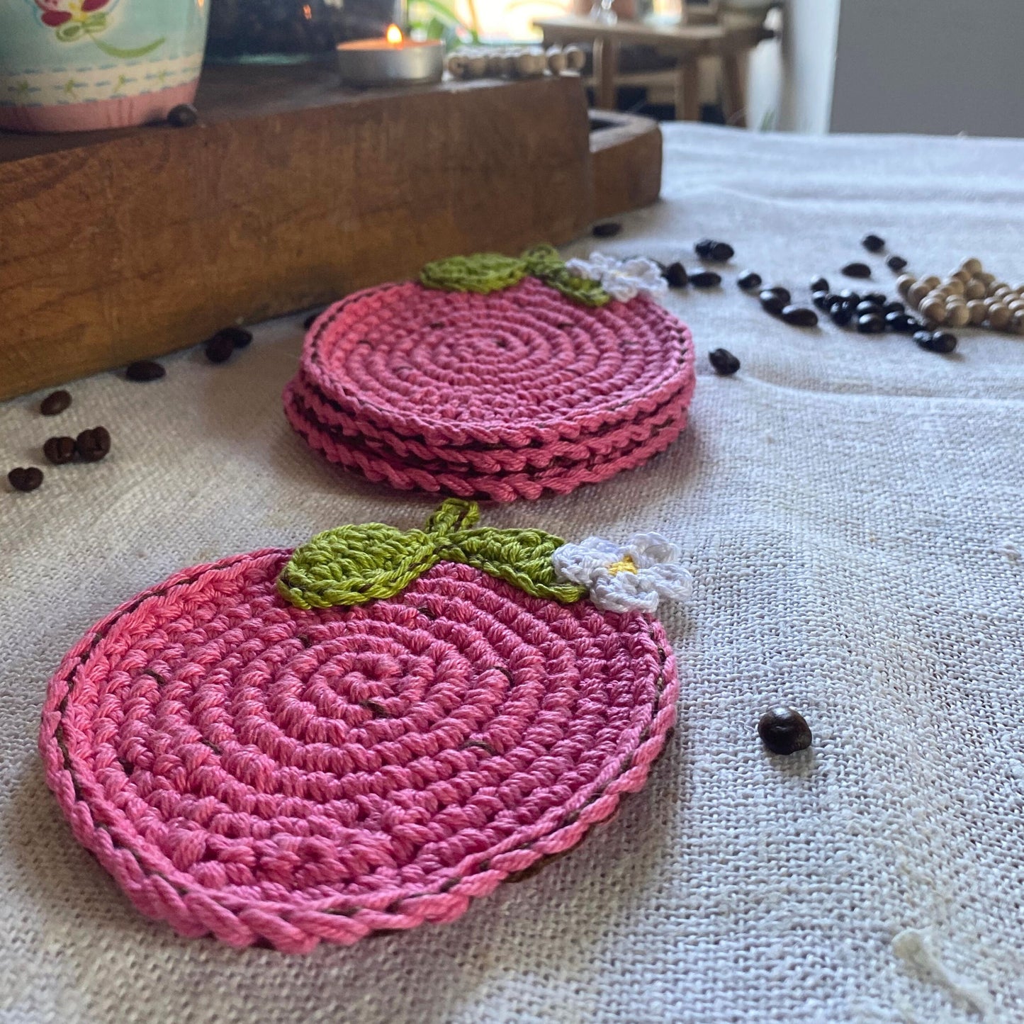 Pink Strawberry Crochet Coasters - Set of 4