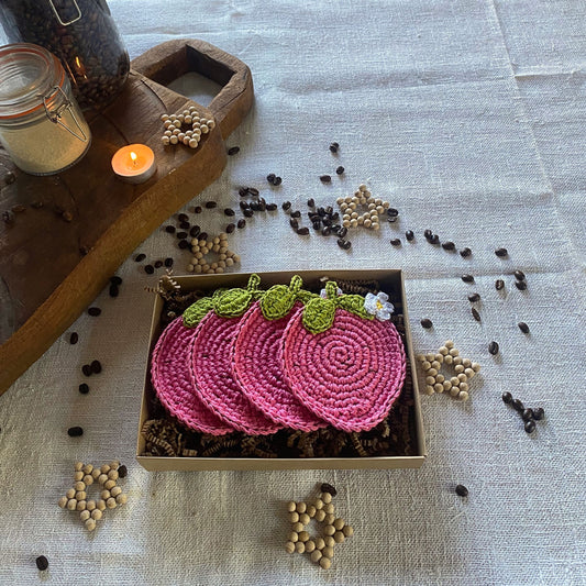 Pink Strawberry Crochet Coasters - Set of 4