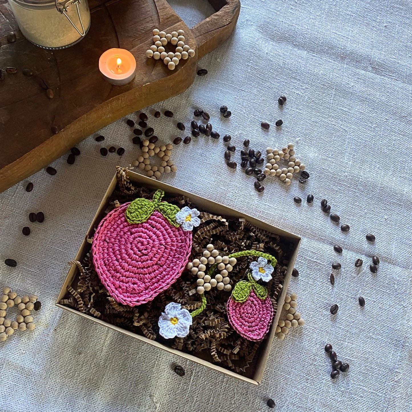 Strawberry Christmas Gift Box - Crochet Strawberry Coaster - Crochet Strawberry Bookmark - Christmas Ornament Star