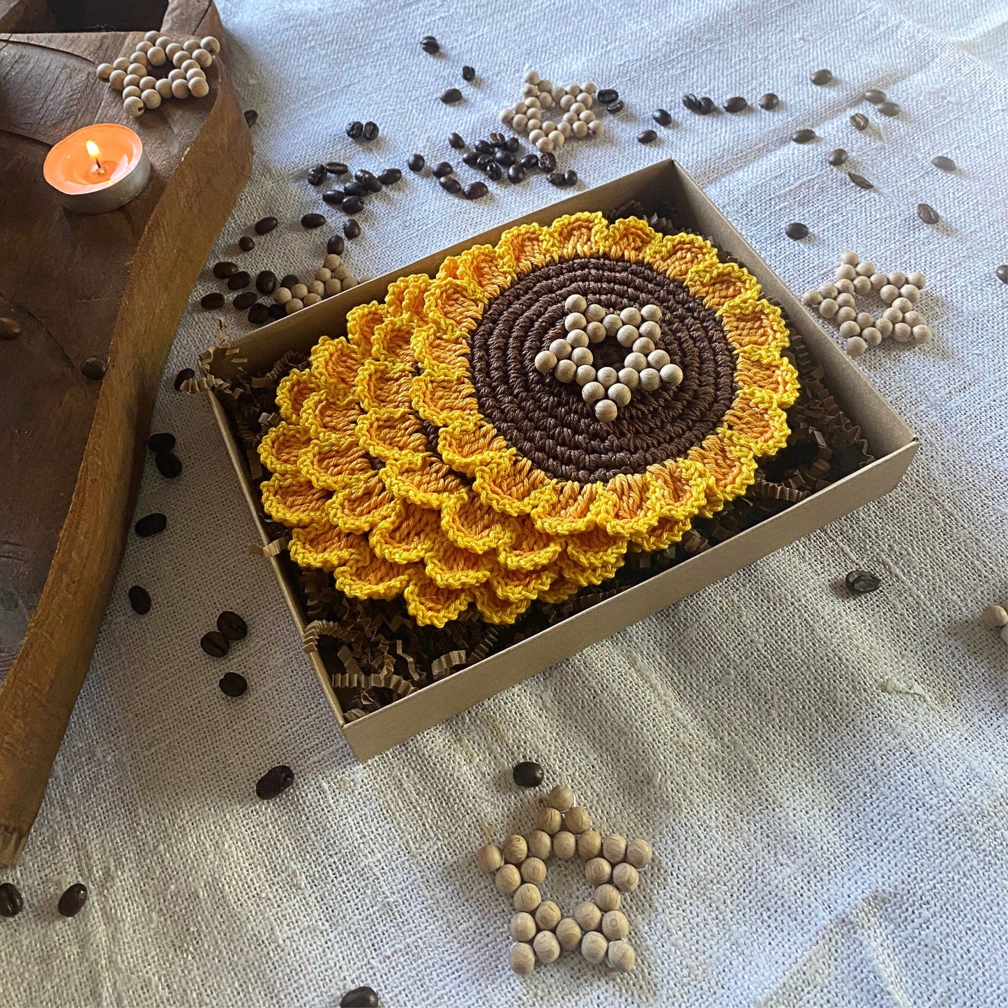 Sunflower Christmas Gift Box - Crochet Coaster and Bookmark - Christmas Ornament Star