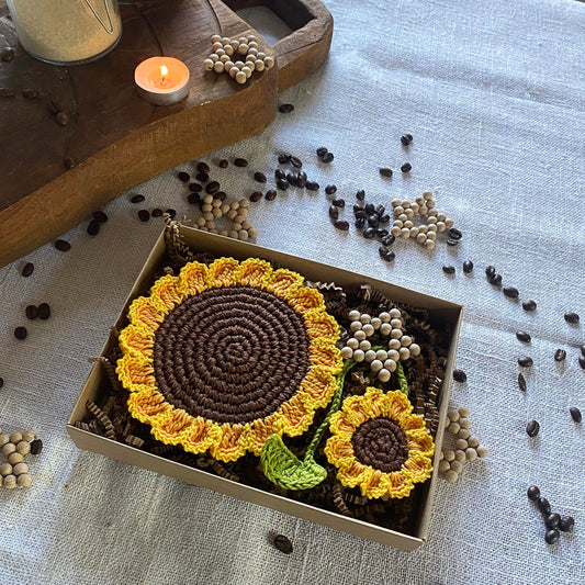 Sunflower Christmas Gift Box - Crochet Coaster and Bookmark - Christmas Ornament Star