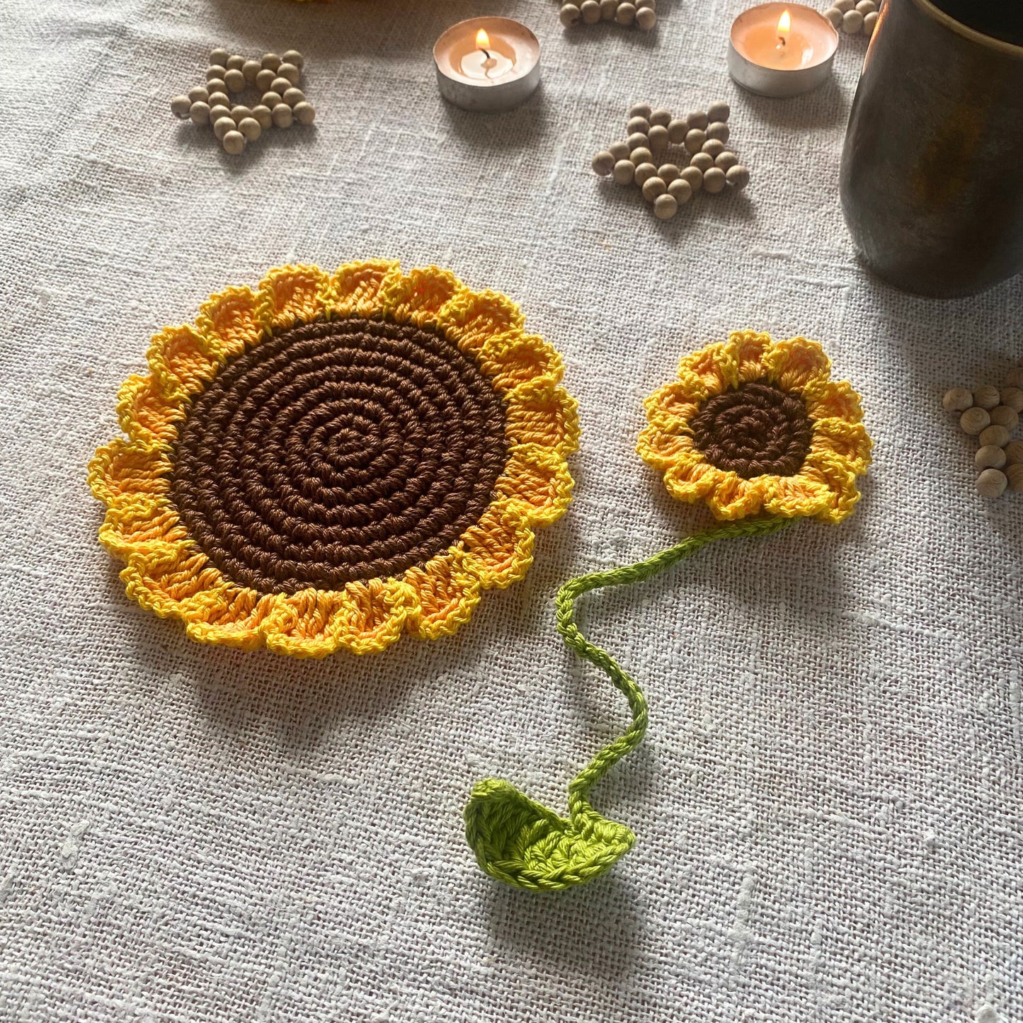 Sunflower Christmas Gift Box - Crochet Coaster and Bookmark - Christmas Ornament Star