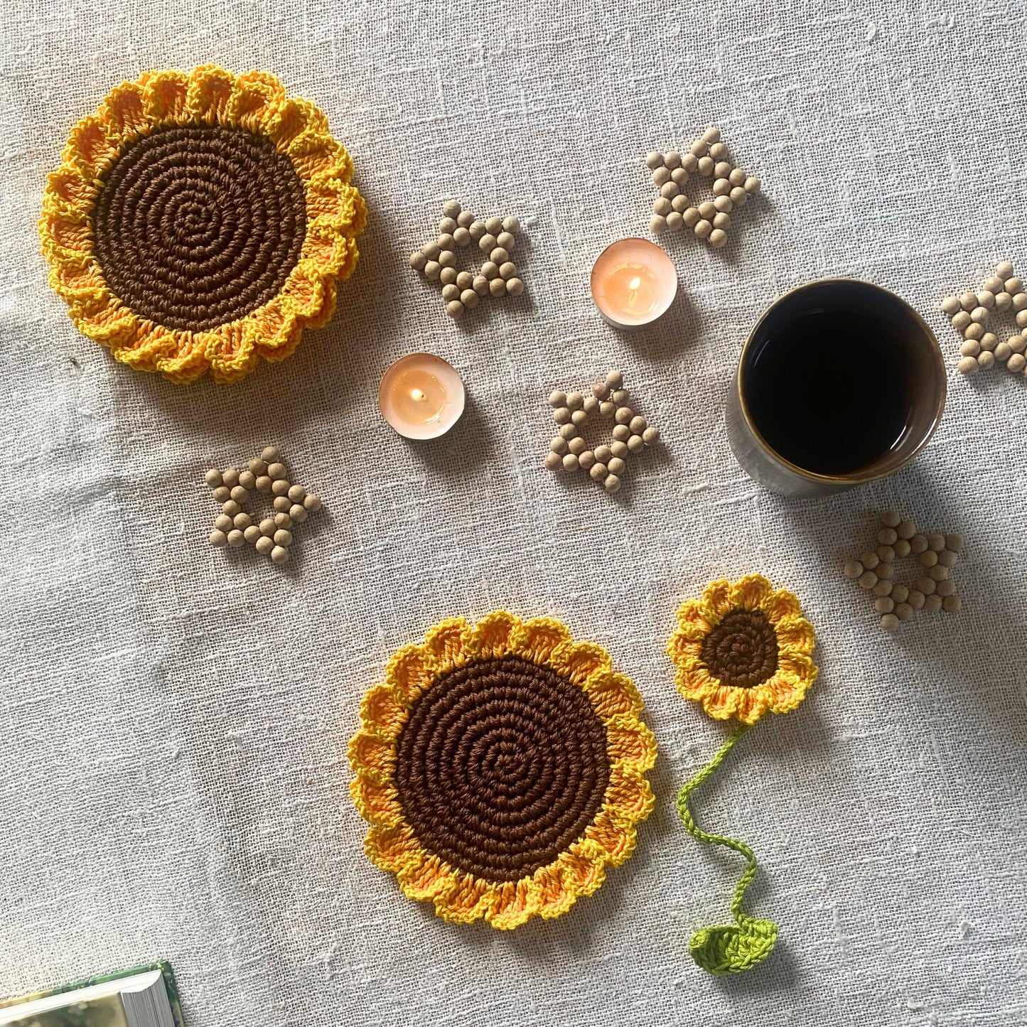 Sunflower Christmas Gift Box - Crochet Coaster and Bookmark - Christmas Ornament Star