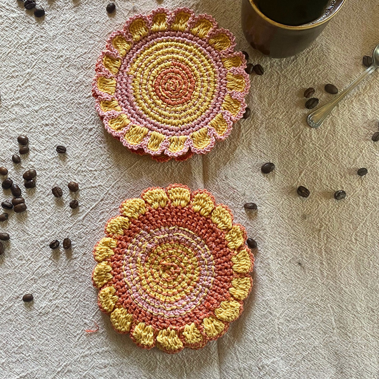 Crochet Flower Shaped Coasters – Set of 4 - Embroidered Cotton Cup Mats