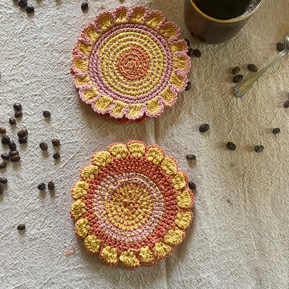 Crochet Flower Shaped Coasters – Set of 4 - Embroidered Cotton Cup Mats