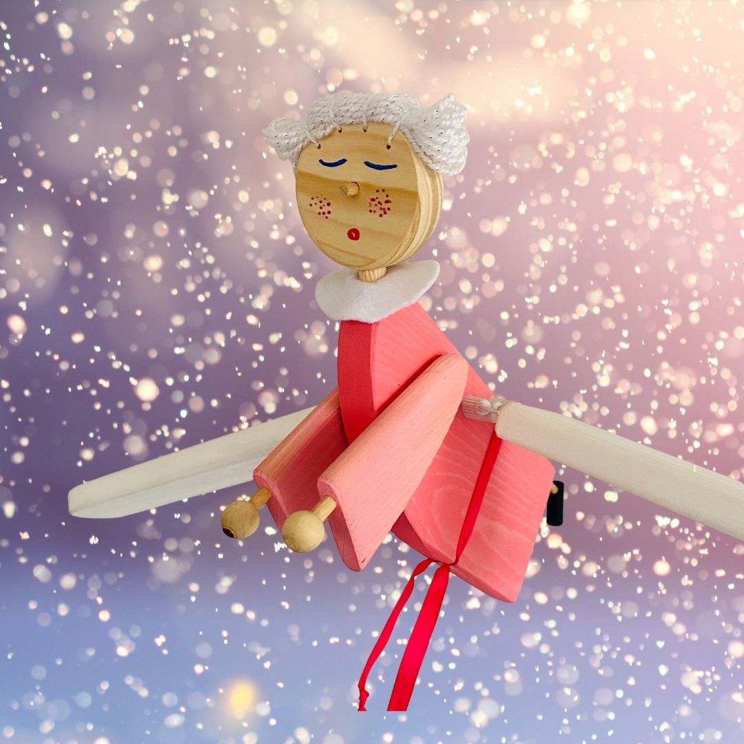 Flying Pink Angel Wooden Mobile  - Baby Girl Nursery - Kids Room Decor