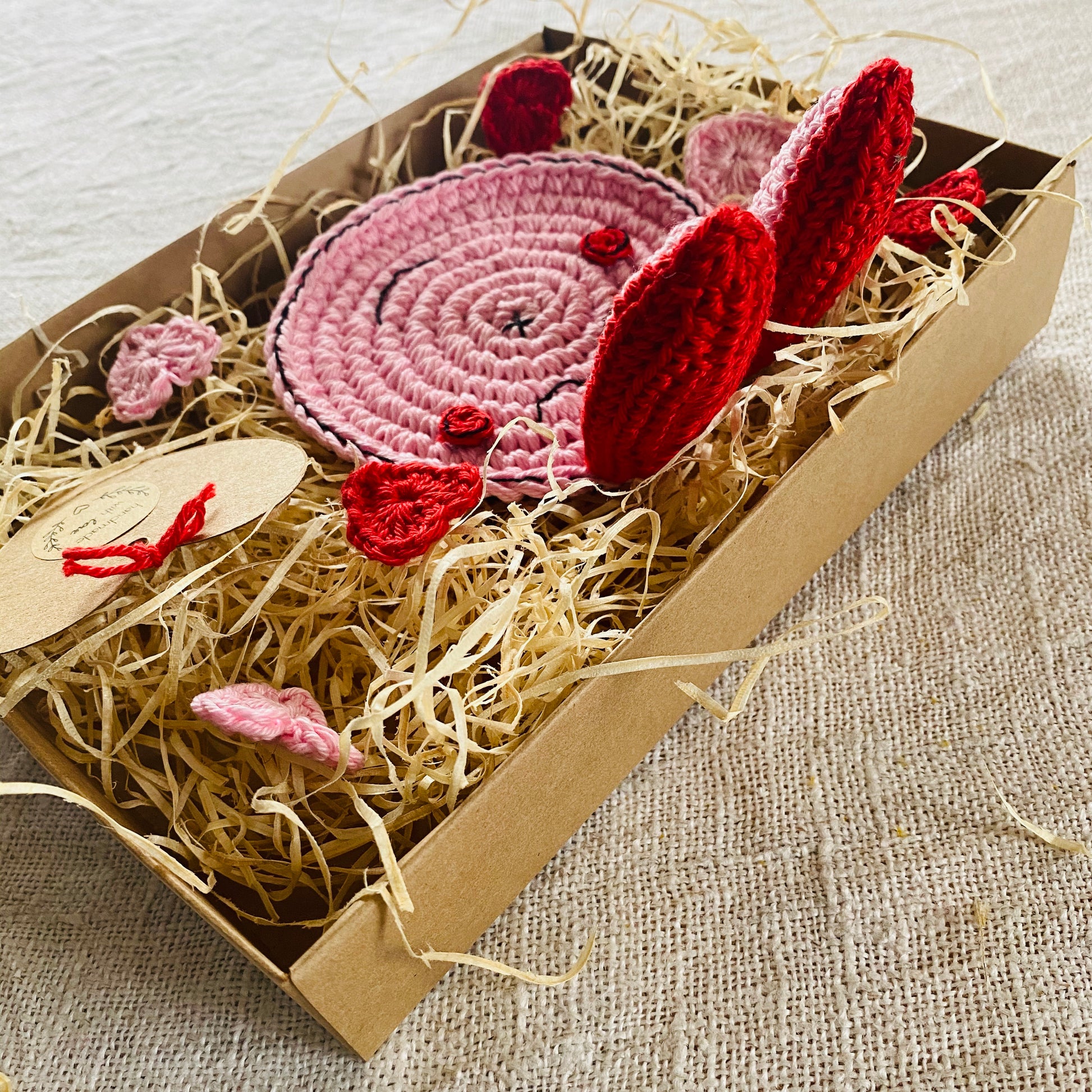 pink rabbit crochet coaster 