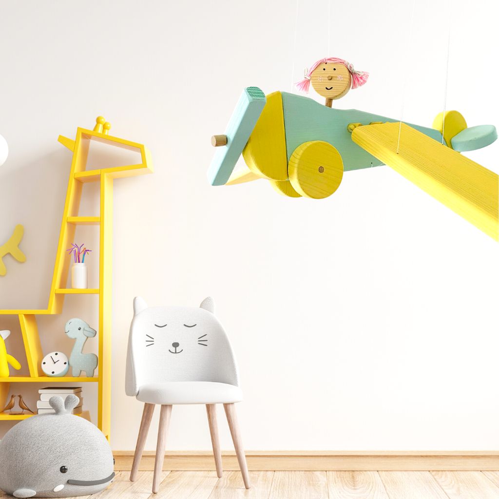 Flying Wooden Yellow Airplane - Children Room Decor - Nursery Mobile