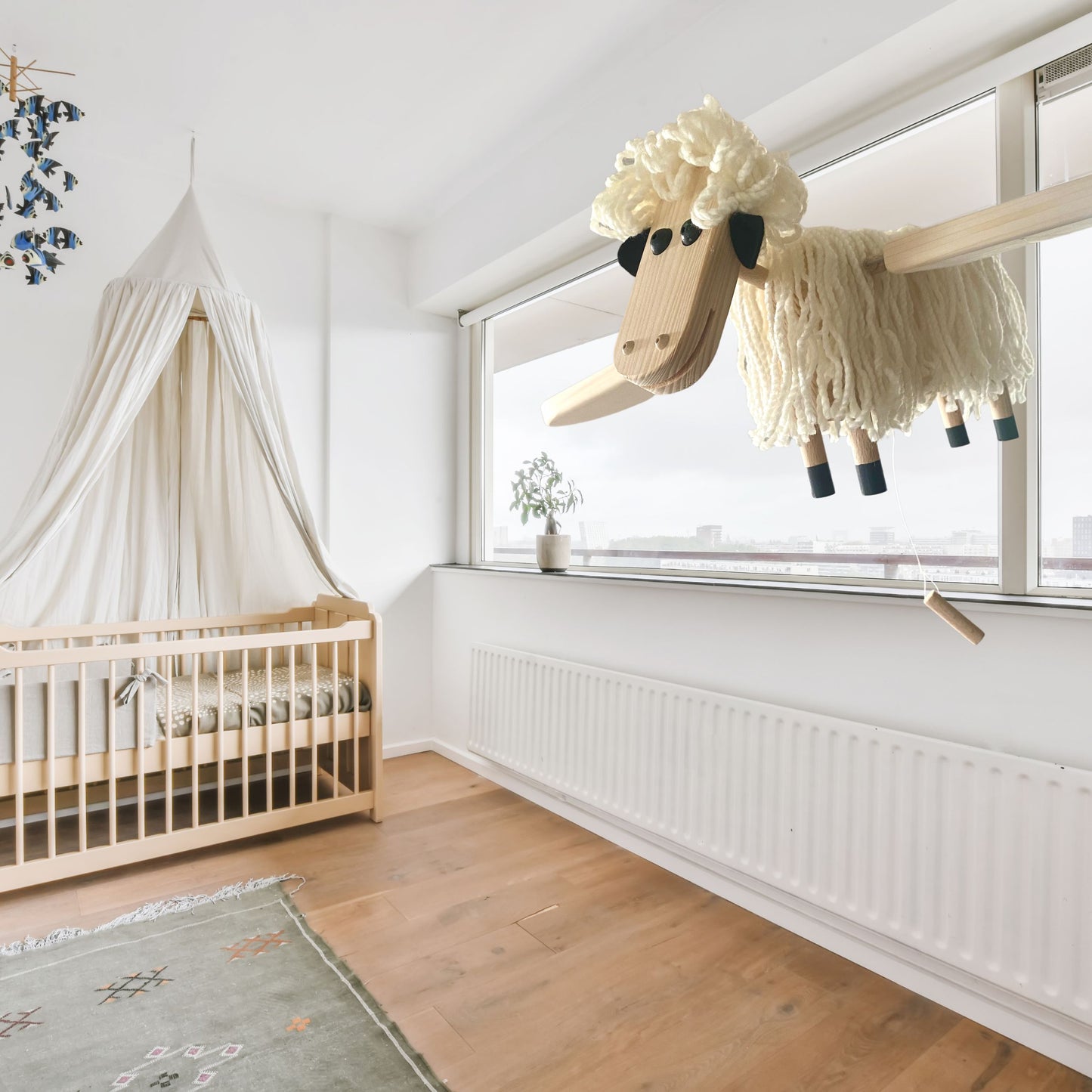 Flying White Sheep Wooden Baby Mobile - Lamb Nursery Decor